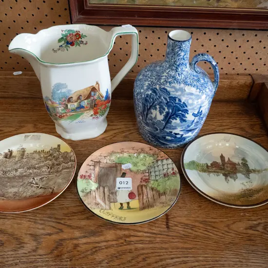 bottle, jug and 3 Royal Doulton plates