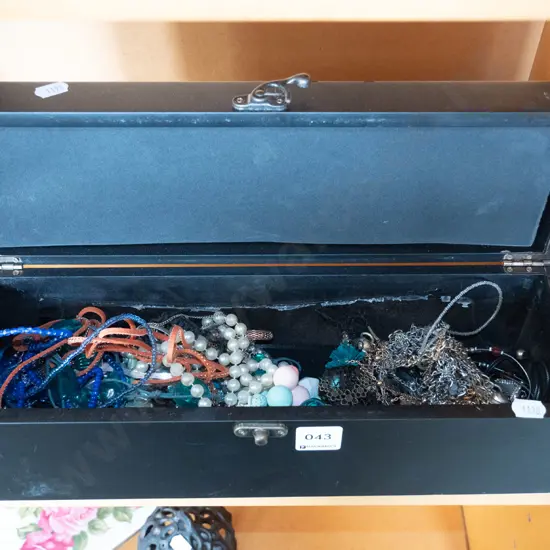 wooden box and costumer jewellery contents