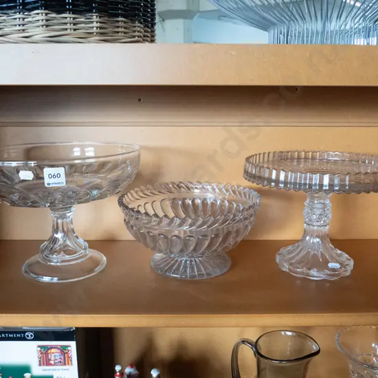 glass bowl, cake stand and comport - chip to rim of bowl