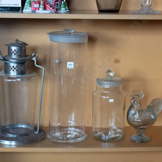 rusty candle lantern, 2 storage canisters - tallest is H-450 - and a glass chicken lidded bowl