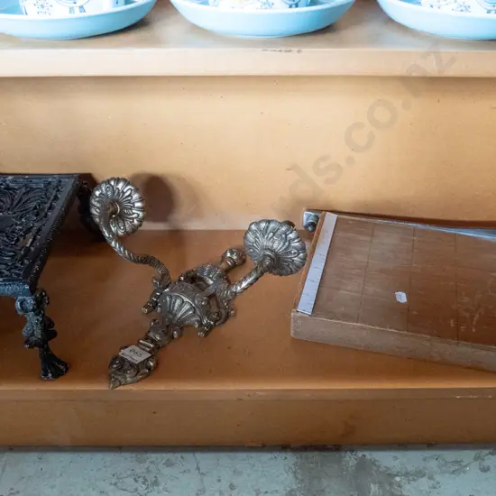 cast alloy footed stand, vintage guillotine and a 2-bulb wall sconce light fitting