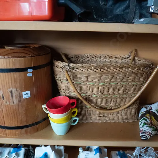 wooden lidded barrel H-350, cane basket, tea towel, 4 plastic picnic cups