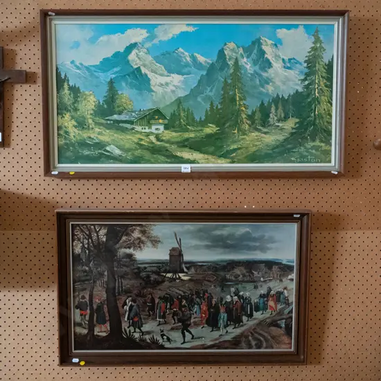 framed Bruegel print and framed landscape print - yellow dots