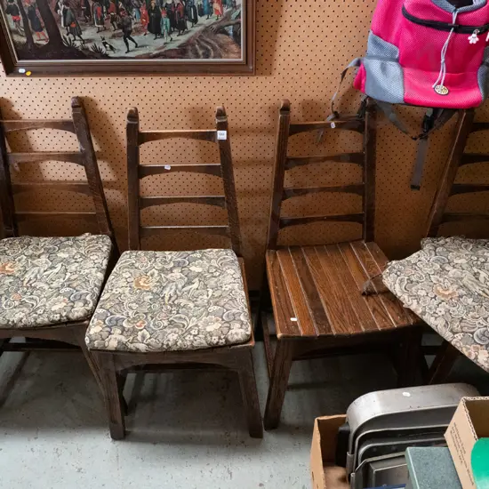 4 solid oak ladderback arts & crafts style dining chairs with cushions