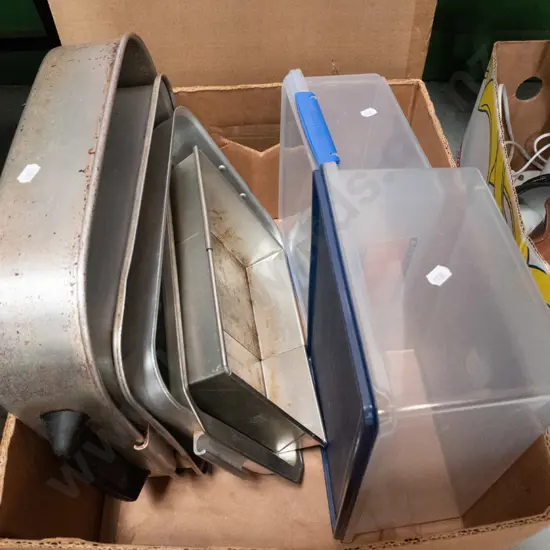 box; baking trays, plastic storage containers
