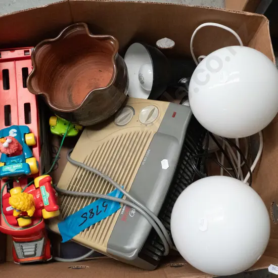 box of clamps, children's toys, heater, etc.
