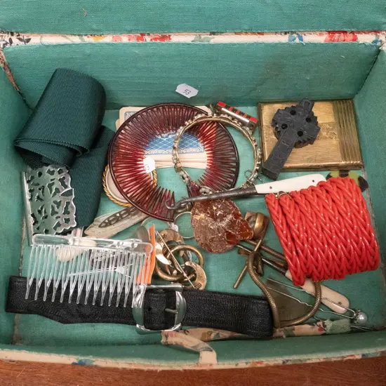 vintage sewing box and contents - button hooks, brooches, bangles, etc.