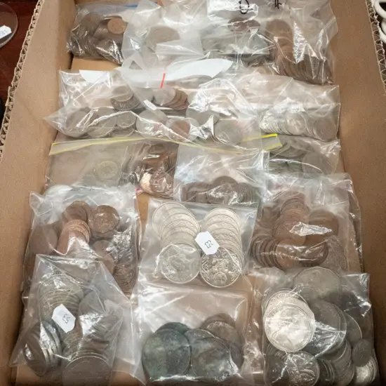 box of coins in bags