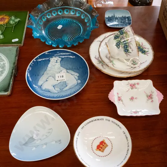 blue glass bowl, Royal Copenhagen items, trio etc.