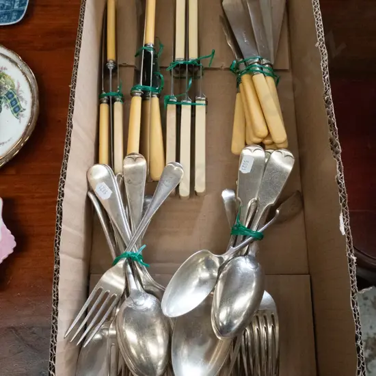 bone handled knives and assorted spoons and forks