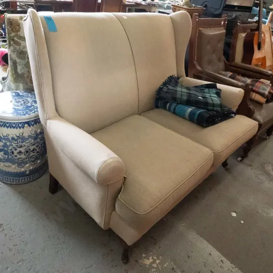 olive upholstered wing-back 2-seater settee H-1000 W-1240 D-820