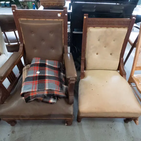 pair Edwardian walnut lady's and gent's chairs with press-carved back, vinyl upholstery