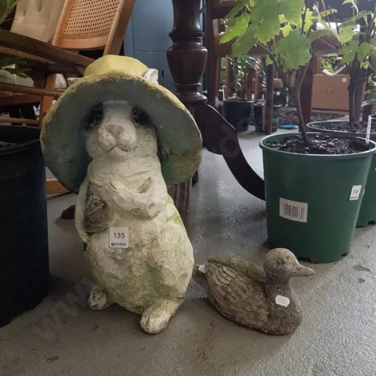 2 garden ornaments - rabbit and duck
