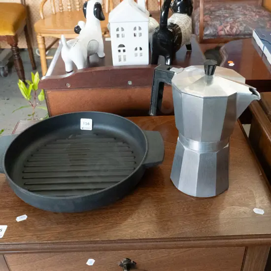 stovetop espresso maker and cast iron baking dish