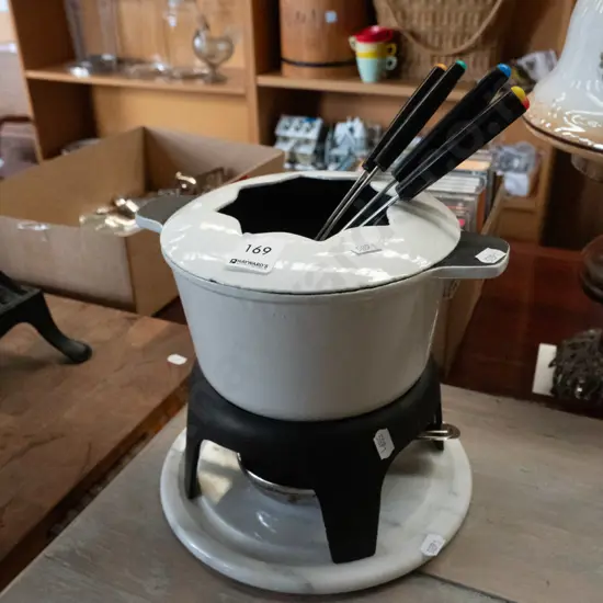 cast iron enamel fondue set