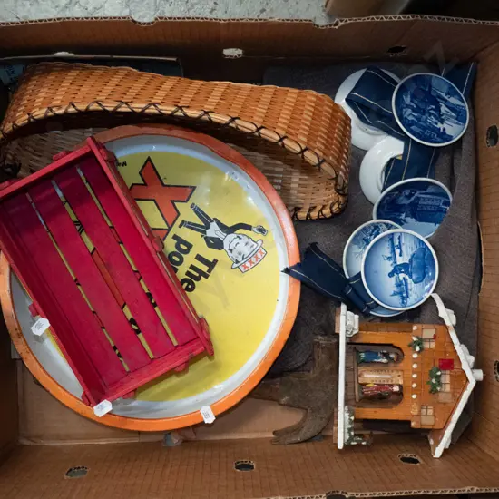 box: cane basket, tin tray, thermometer, etc,