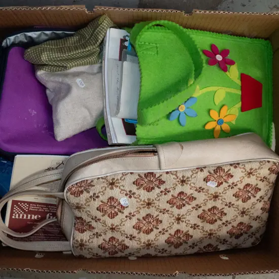 box: various bags, knitting patterns, etc.