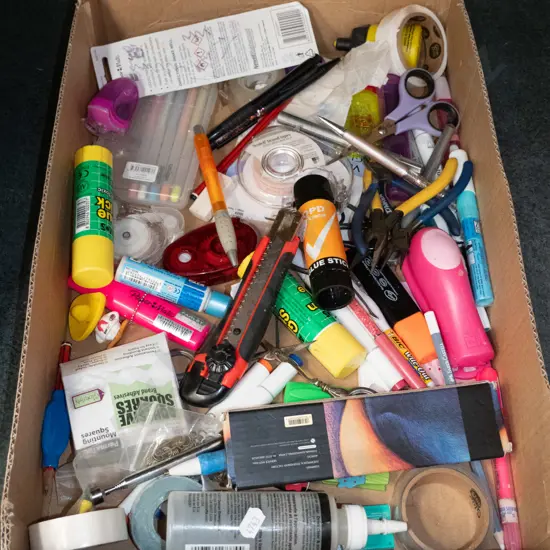 box: stationery items, craft knives, pens, etc.