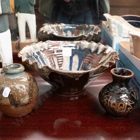 studio pottery bowl and 2 bud vases