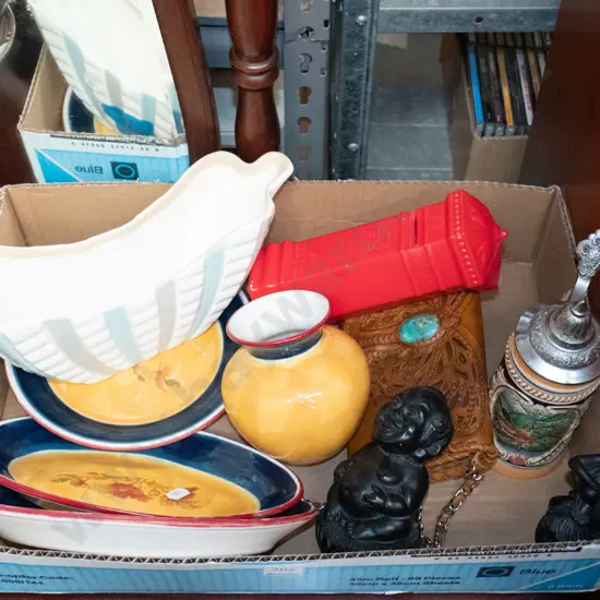 box of plates, retro Burslem vase with crack, leather purse, etc.