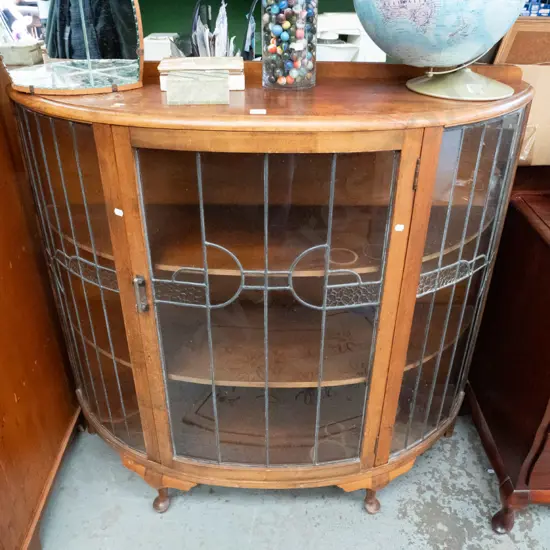 art deco beech bow-front leadlight display cabinet H-1020 W-1070 D-360