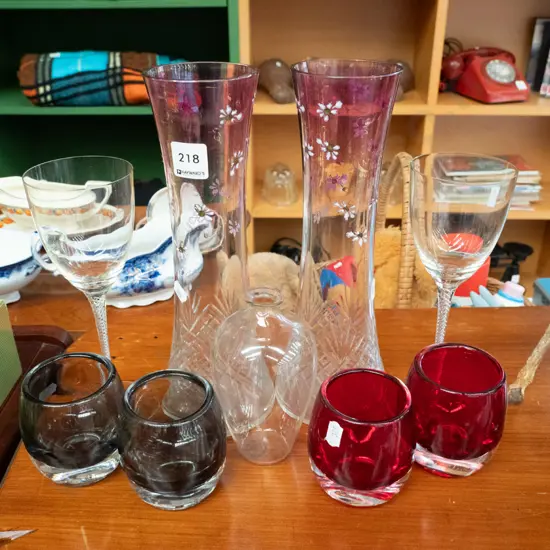 pair of hand-painted cut crystal vases H-290, coloured glass tumblers, wine glass and vase
