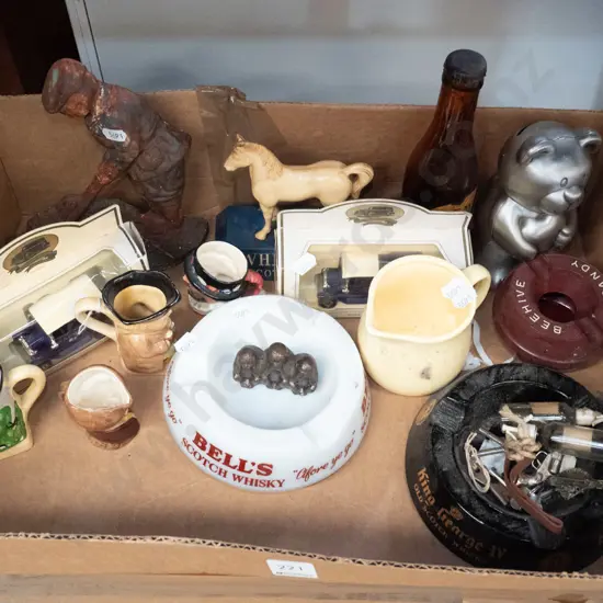 box of small Toby jugs, ashtrays, Models of Yesteryear vehicles, etc.