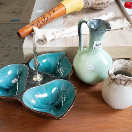 German pottery ewer vase, studio pottery creamer, Blue Mountain serving dish