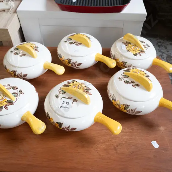 Meakin lidded soup bowls, one has crack