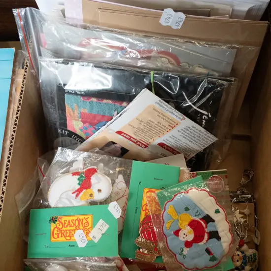 box of crafter's allsorts - envelopes, cards, Christmas decorations etc