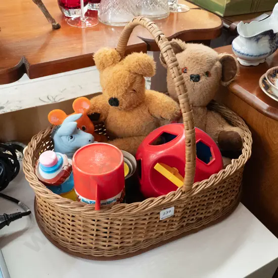 cane basket and contents - teddy bears, toys