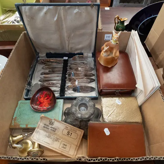 box of plated cutlery, ashtray, cupboard handles, candlestick, etc.