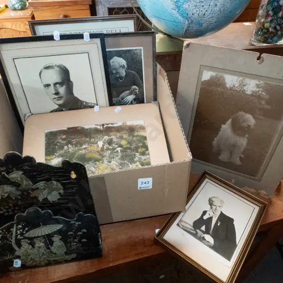 box; Japanese letter rack, framed photos, etc.