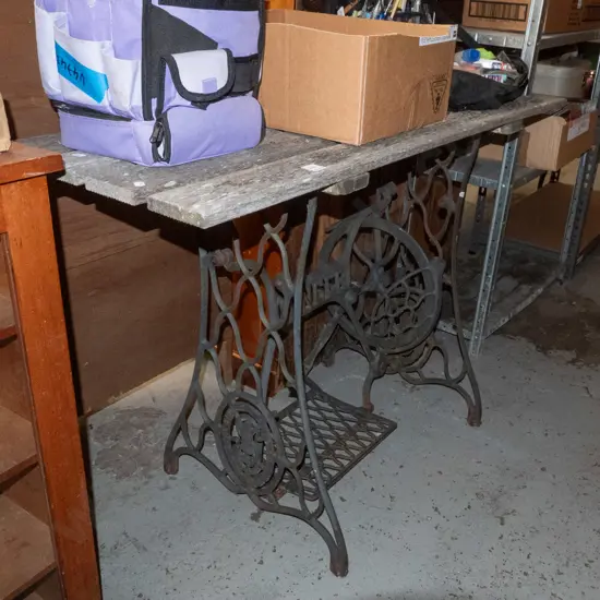 outdoor table made from hardwood and a Singer treadle sewing machine base H-760 W-1175 D-410
