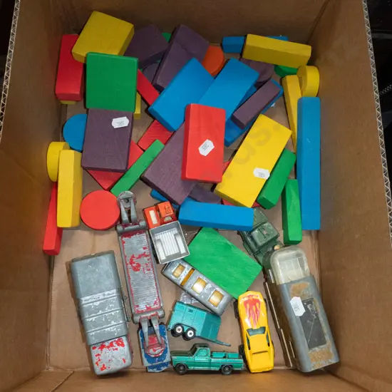 box of children's toys and blocks