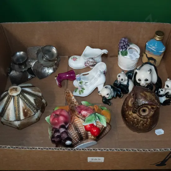 box; candlesticks, ceramic pandas, owl figurines etc