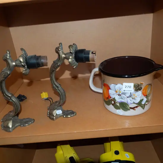 enamel jug and 2x brass wall mounted light fittings