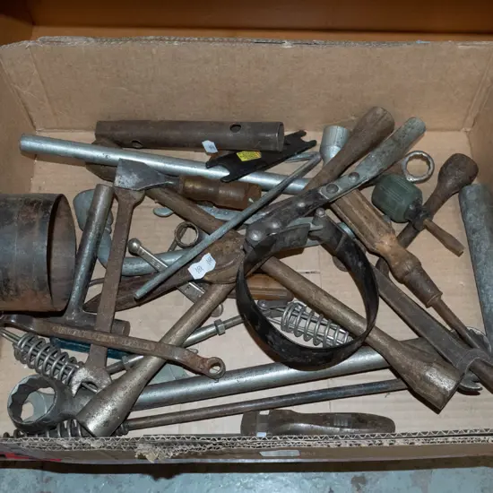 box of hand tools, pliers, spanners, tyre irons etc