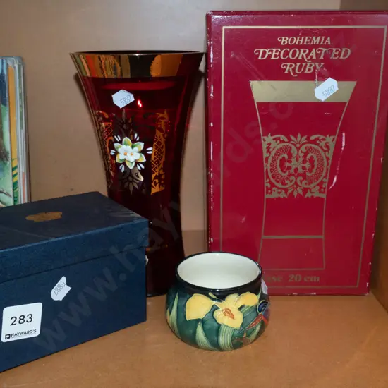 hand painted bohemian ruby glass vase, small sugar bowl