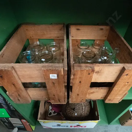 2x wooden beer crates of jars etc