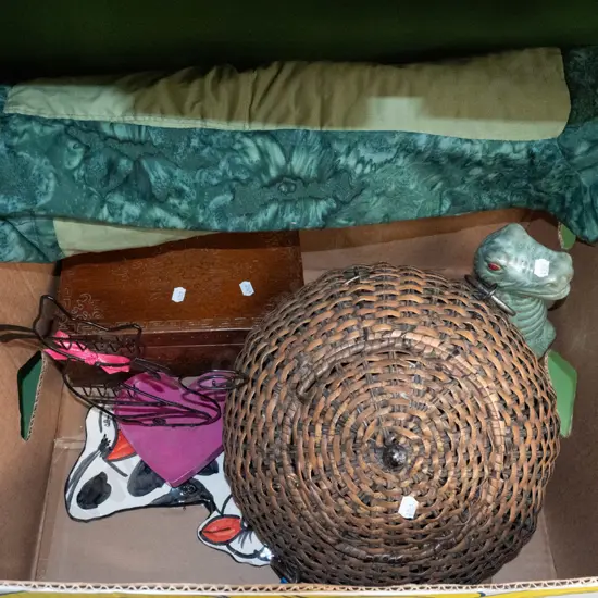 box; metal and cane storage canister, wall hanging quilt, dinosaur figurine etc