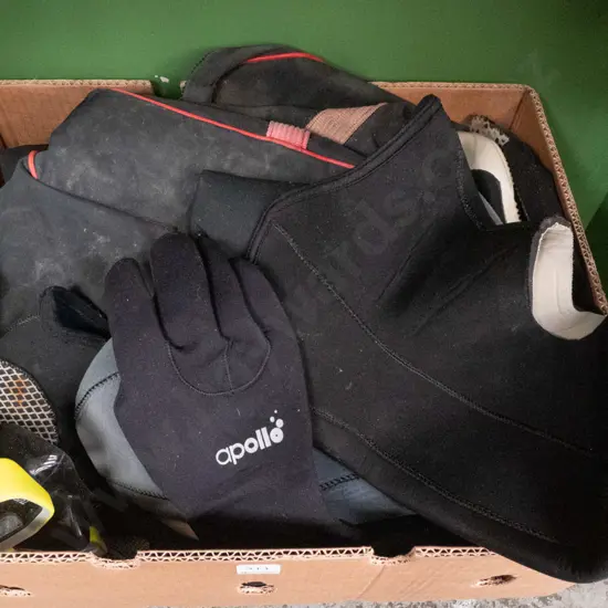 box; bag, wetsuit boots, gloves, scuba goggles