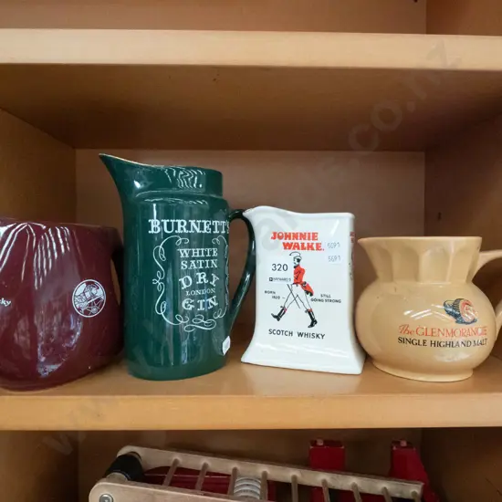 3x whisky jugs, 1x gin jug