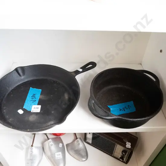 cast iron frying pan, double handled pot