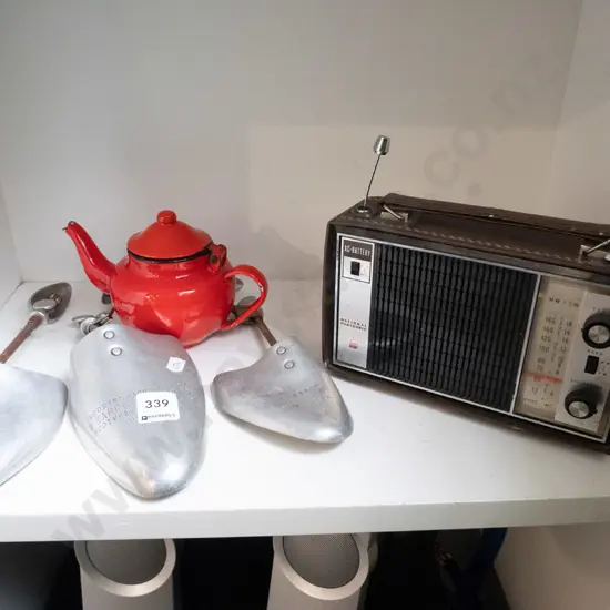 shoe forms, small teapot, early portable transistor
