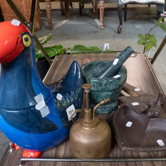 pukeko storage canister, mortar and pestle, hatchet, small bird bath etc