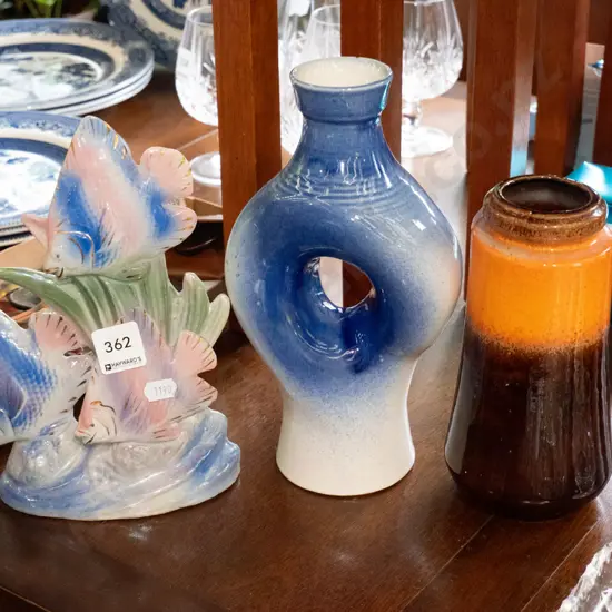 fish themed ornament, German Pottery vase, Teal vase