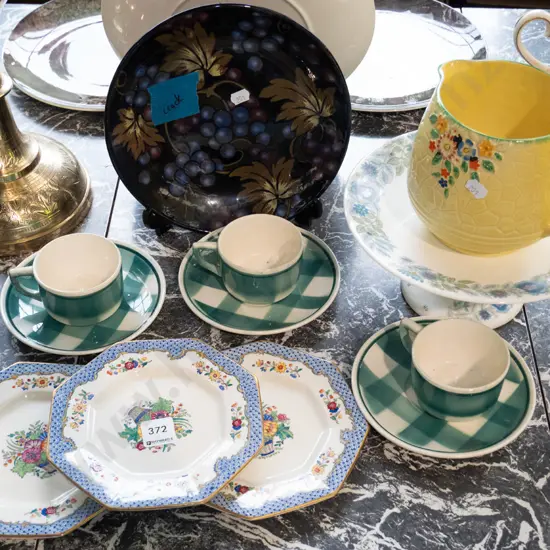 Wedgwood Clementine cake stand, Jacobean ware bowl with crack, Masons side plates, cups, saucers, jug