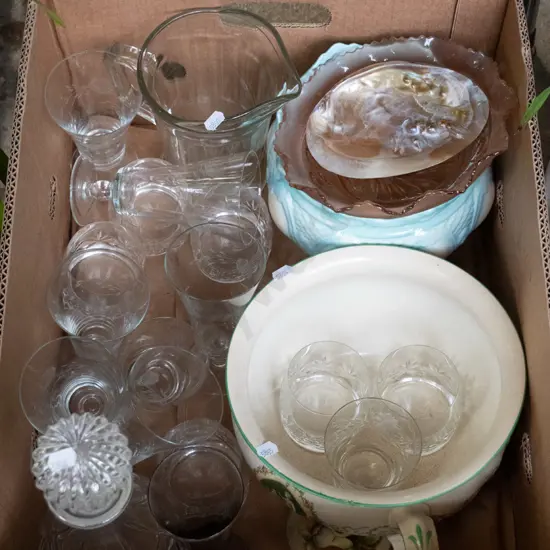 box; guzunder, etched parfait glasses, jardiniere, decanter etc