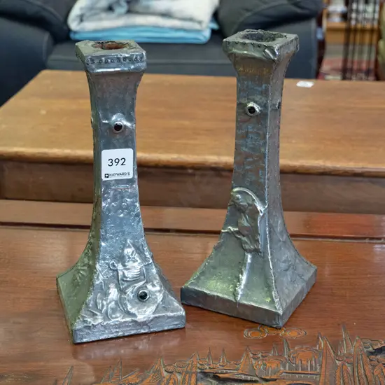 2x art nouveau pewter candlesticks H-230